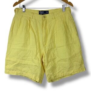 Vintage Polo Ralph Lauren‎ Tyler Short Mens 34 Yellow 100% Linen Pleated Front